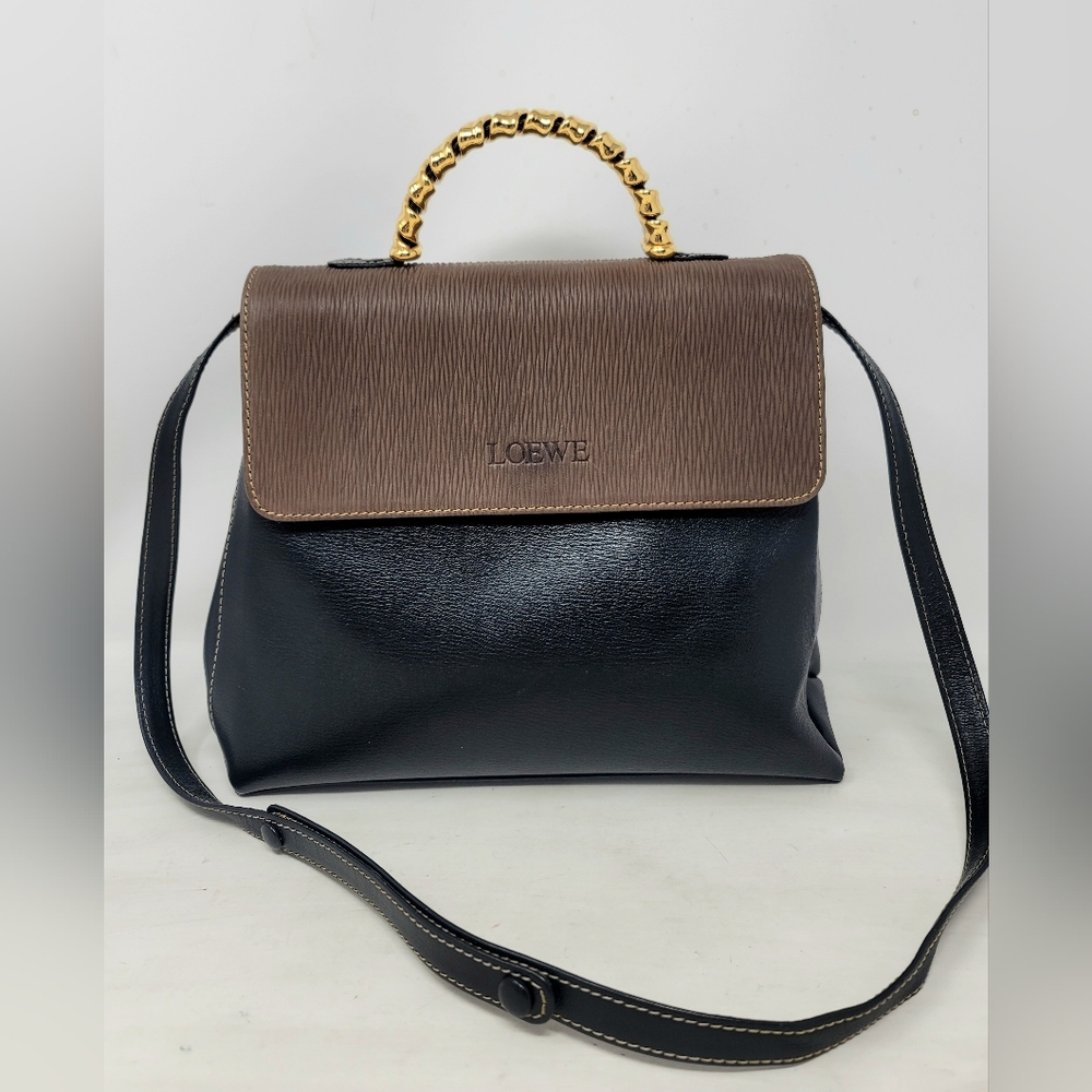 Vintage Loewe Velazquez Top Handle Black Leather Tote Shoulder Hand Bag Auth
